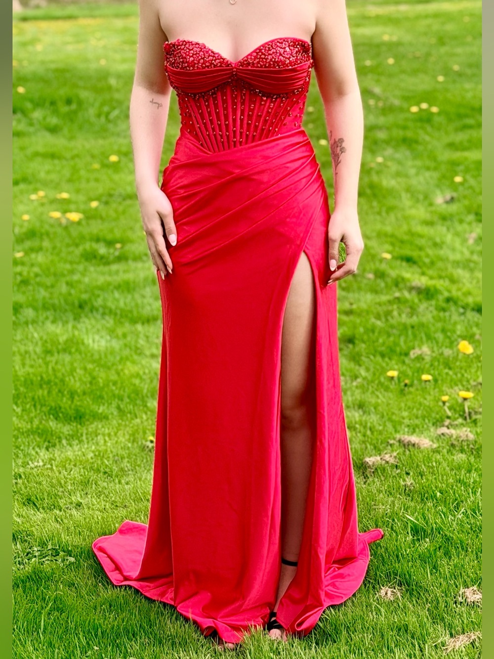 Azazie Red Strapless Beaded Corset Gown with Side Slit